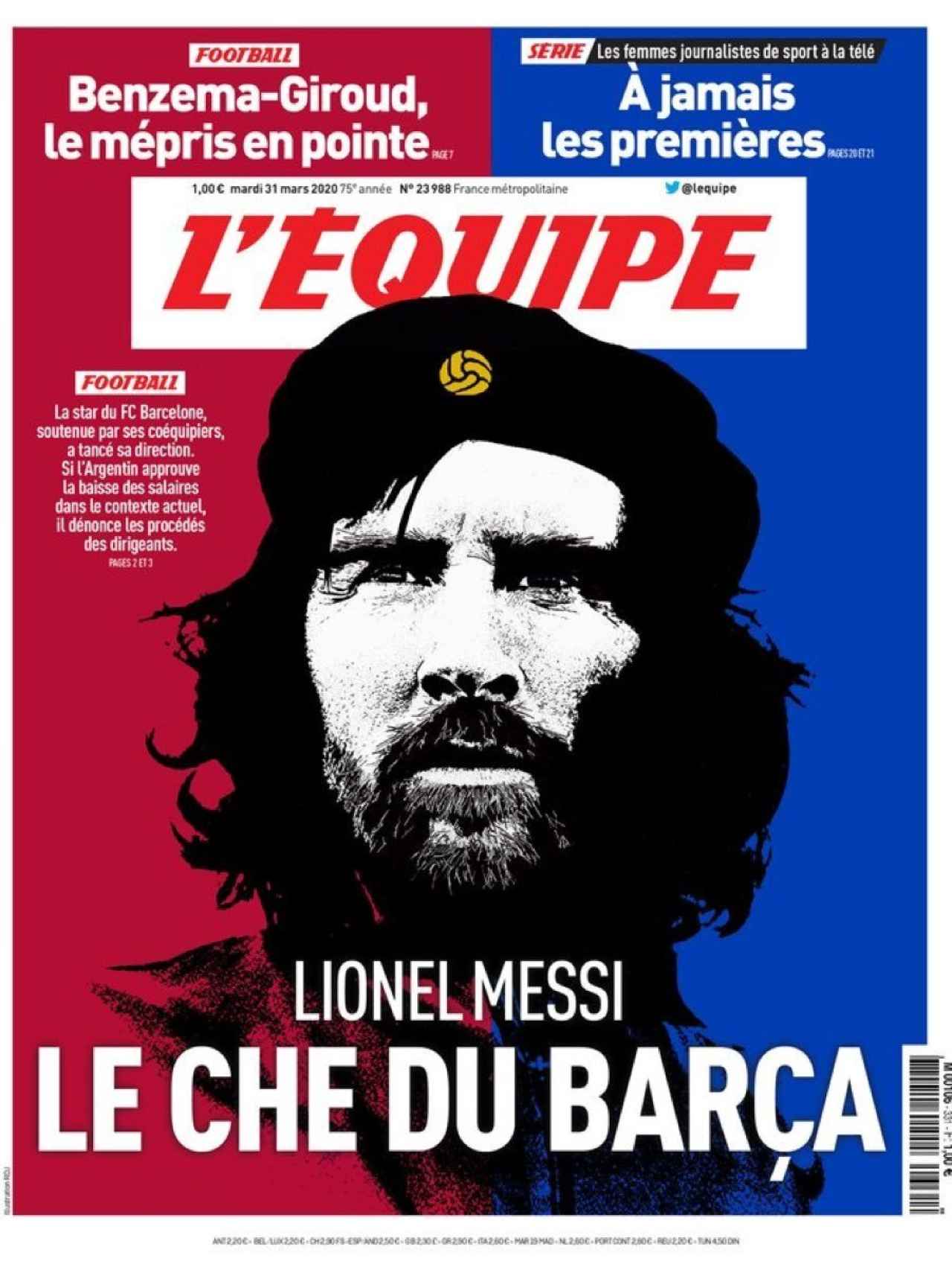 La portada del diario L'Équipe (31/03/2020)