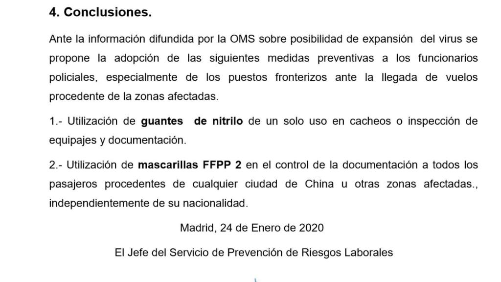 Extracto del informe policial en el que se realizan una serie de recomendaciones para la protección sanitaria de los agentes. Está fechado el 24 de enero de 2020.