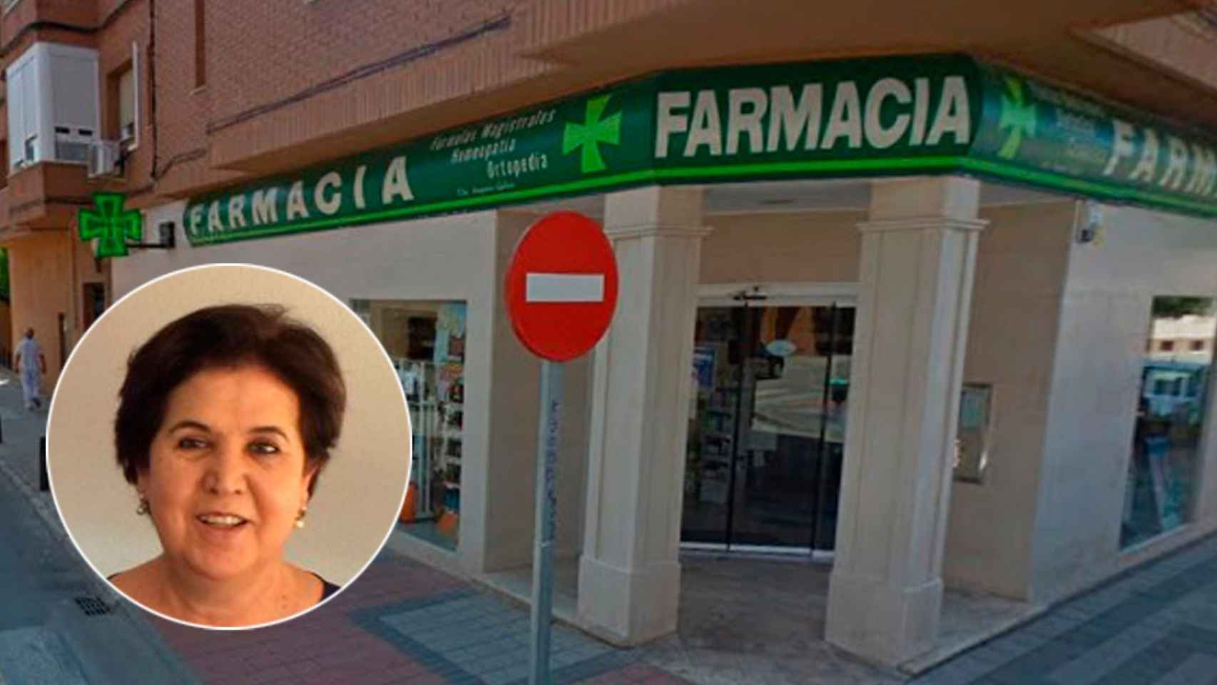 La farmacéutica fallecida, Amparo Gadea, y la farmacia que dirigía en Alcázar de San Juan (Ciudad Real).