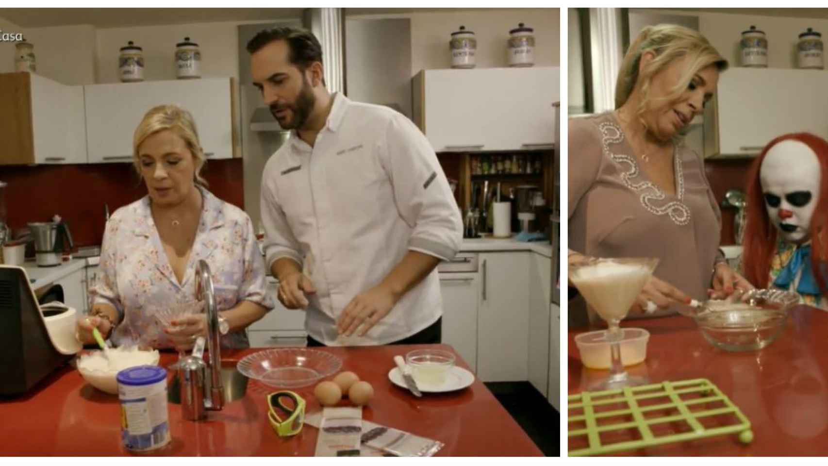 Carmen Borrego junto al chef Mario Sandoval y a Payasín en 'Ven a cenar conmigo: Gourmet Edition'.