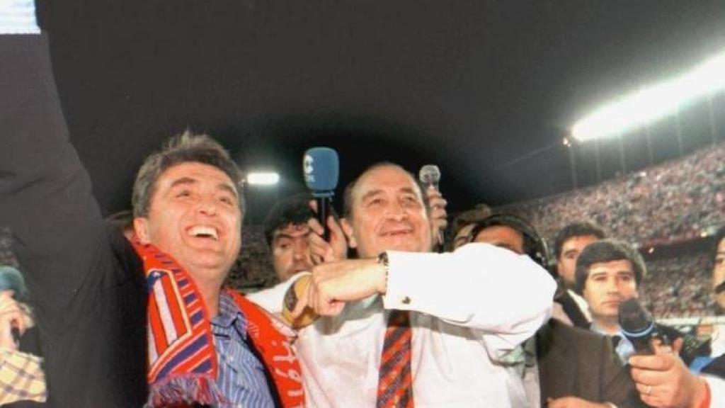 Radomir Antic y Jesús Gil celebrando la Liga del Atlético en 1996