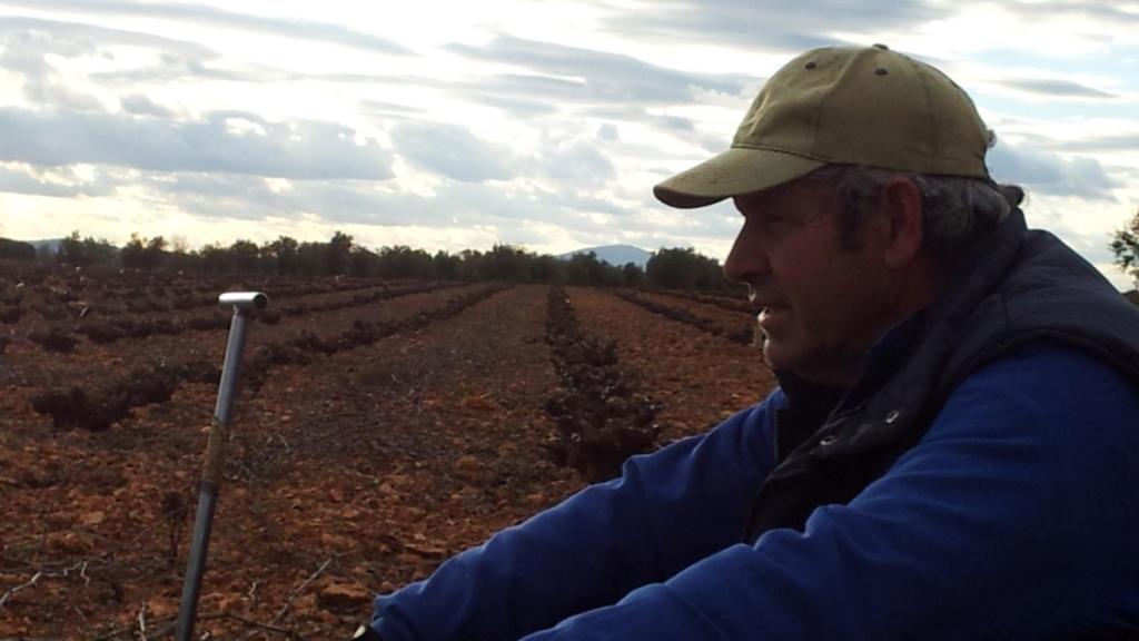 Arturo, pensativo, mientras se toma un descanso en una finca de Almedina donde está podando viñedos.