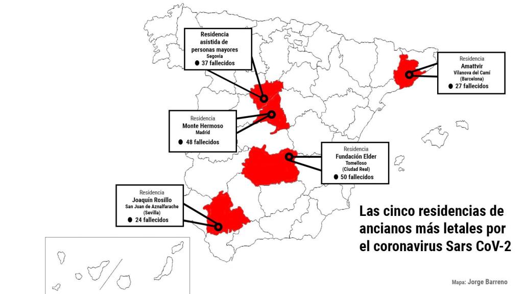 Las cinco residencias de ancianos más letales por el coronavirus Sars-CoV-2.