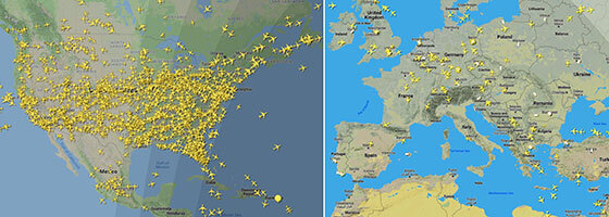 Comparación entre los aviones en vuelo sobre EEUU y Europa la noche del 5 a 6 de abril. Imágenes: Flightradar24.