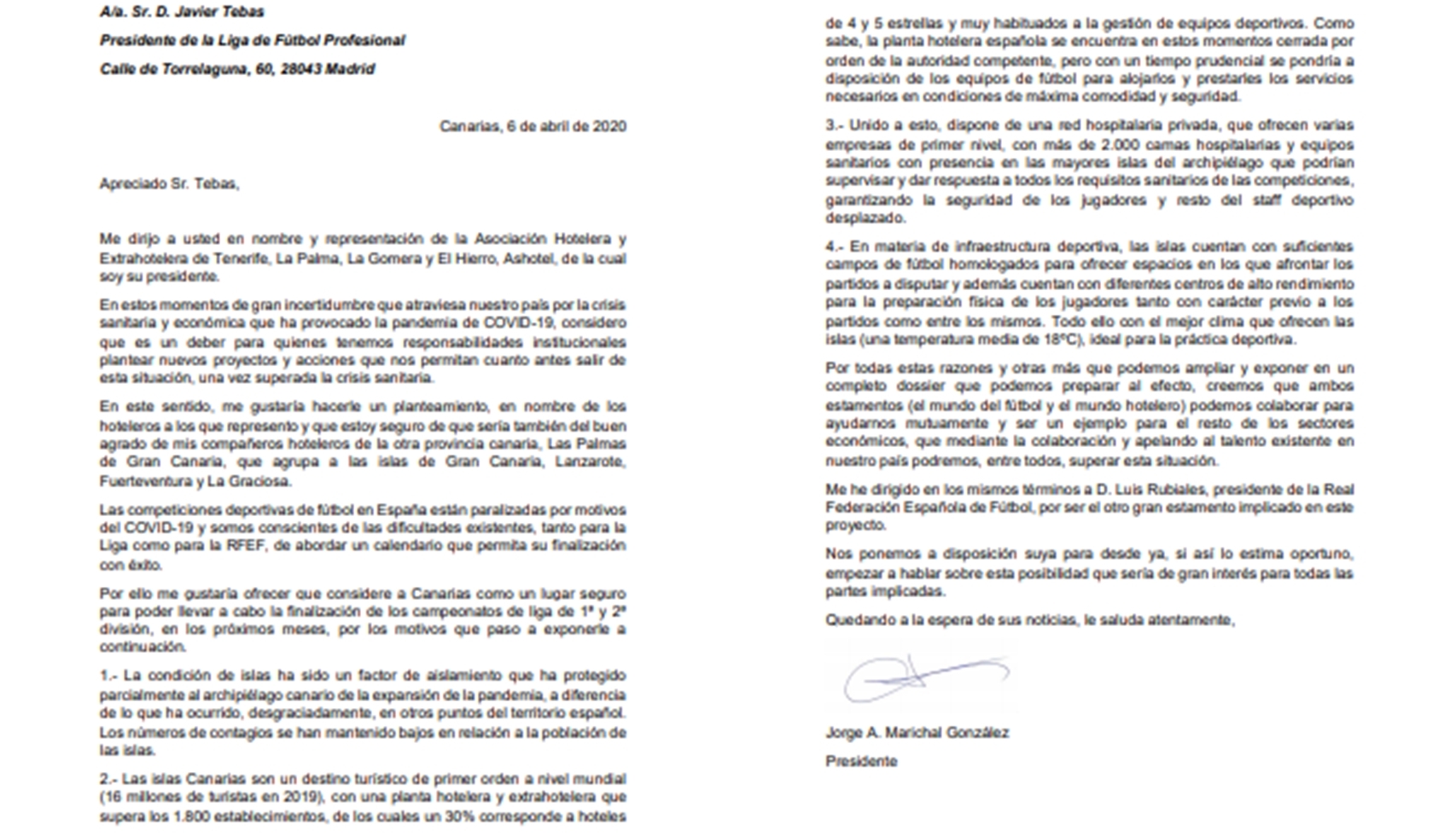 La carta que le ha enviado el presidente de ASHOTEL, Jorge Marichal, a Javier Tebas, presidente de La Liga