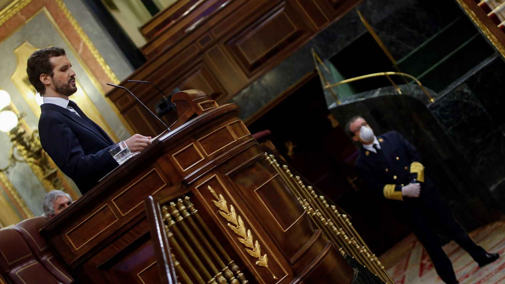 Pablo Casado, en la tribuna de oradores del Congreso de los Diputados.
