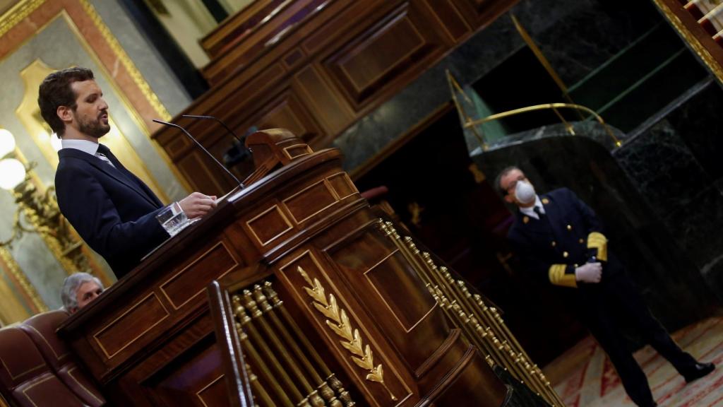 Pablo Casado, presidente del PP, en el Pleno para la prórroga del estado de alarma.