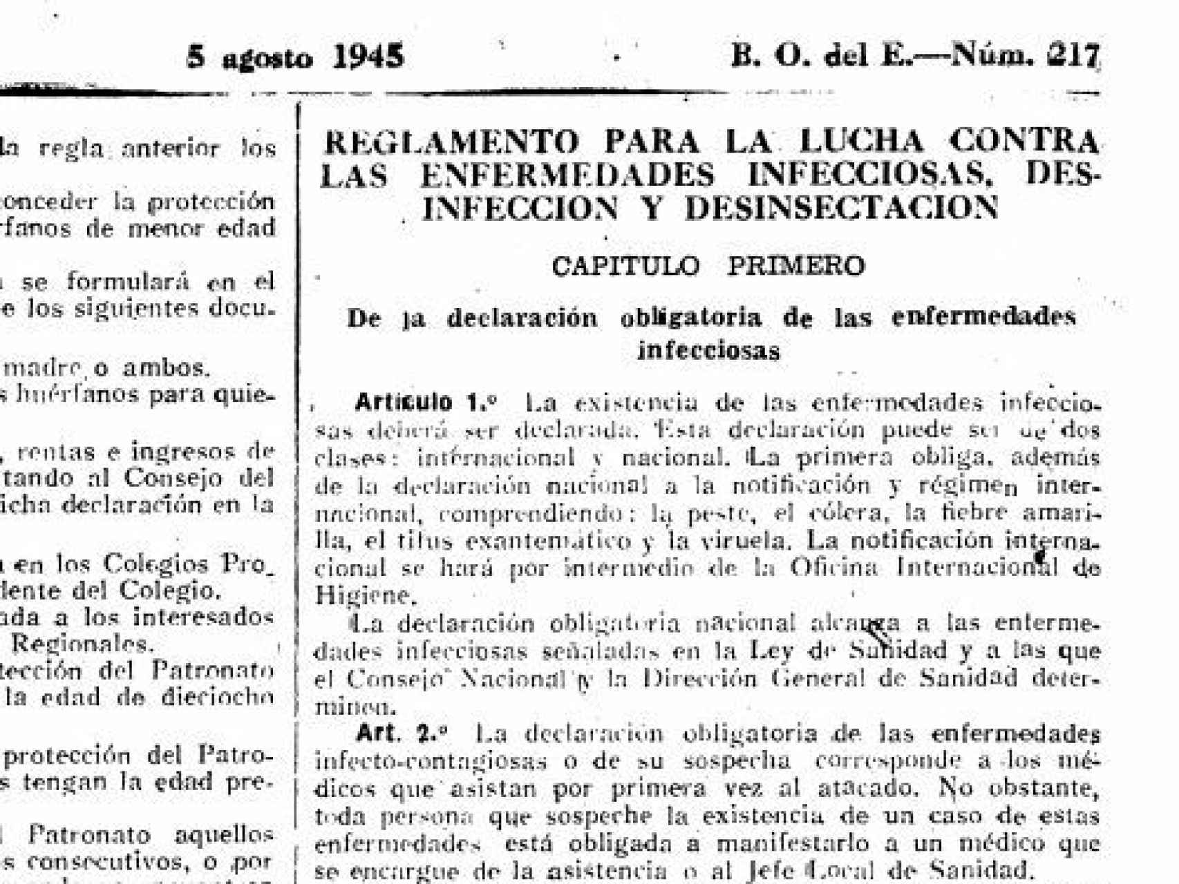Decreto de 1945 que regulaba cómo luchar contra enfermedades infecciosas.