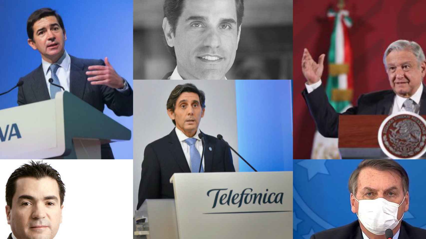 Carlos Torres Vila, Eduardo Osuna, Christian Gebara, J.Mª Álvarez-Pallete, Jair Bolsonaro y A. M. López Obrador.