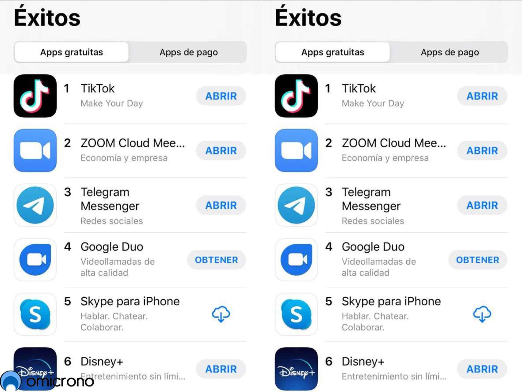 Listado de apps más populares en la App Store para iPhone.