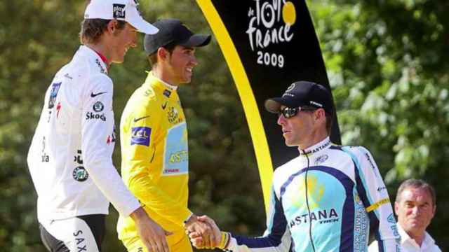 Contador y Armstrong en el podio del Tour 2009