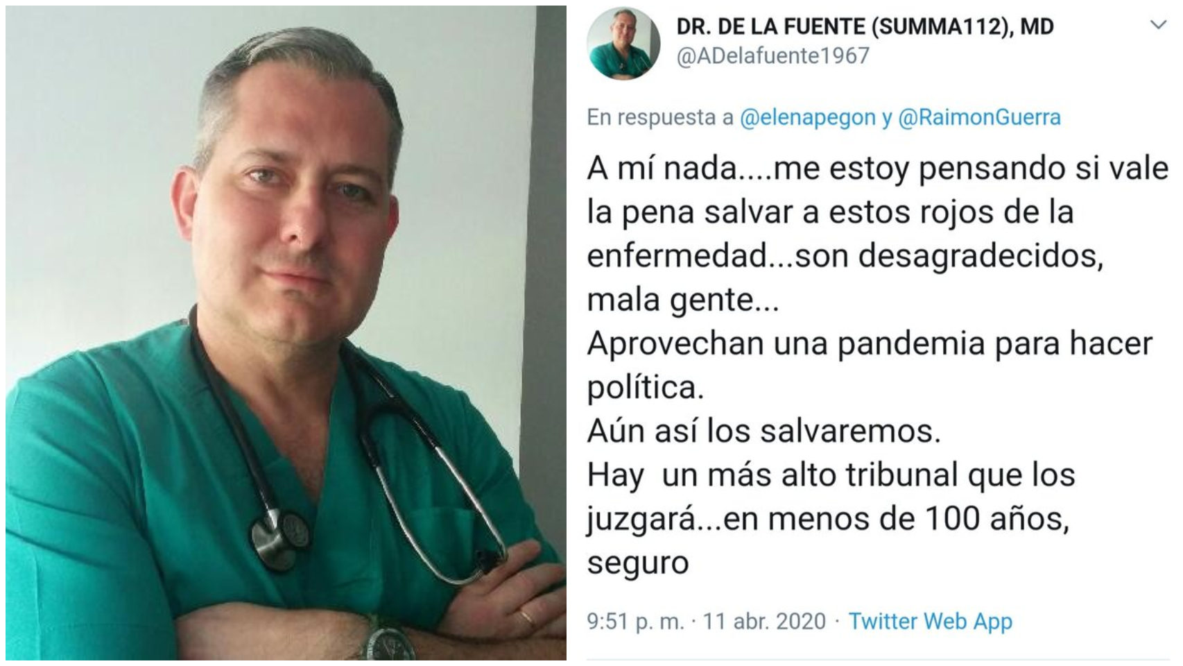 El doctor Agustín del Fuente y su mensaje de la cuenta de Twitter borrada.