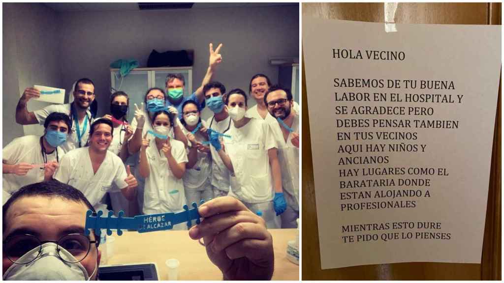 El médico Jesús, junto a sus compañeros del Hospital La Mancha Centro, en Alcázar de San Juan, y la nota de su vecino.