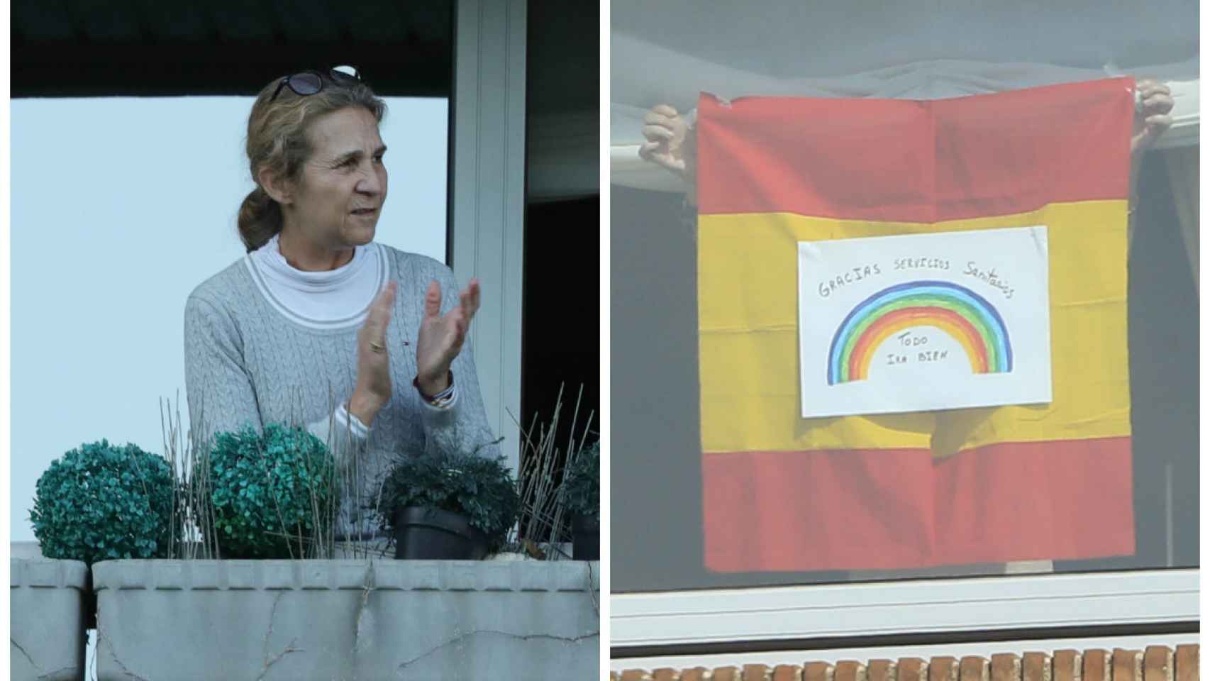 La infanta aplaudiendo y animando a los vecinos y sanitarios con un dibujo y la bandera de España.