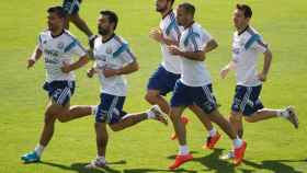 Agüero, Lavezzi, Higuaín, Mascherano y Messi, en un entrenamiento de la selección de Argentina
