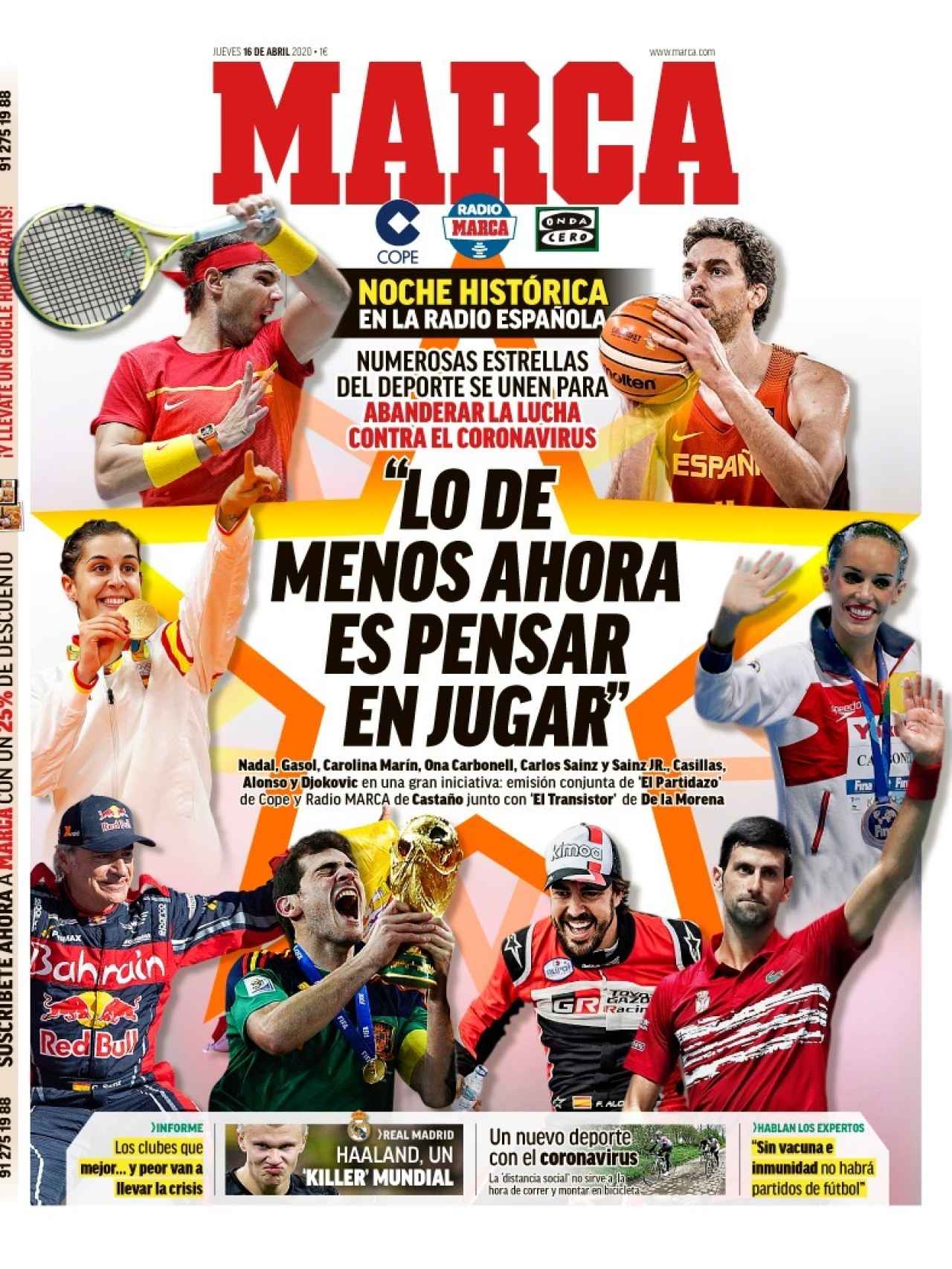 La portada del diario MARCA (16/04/2020)