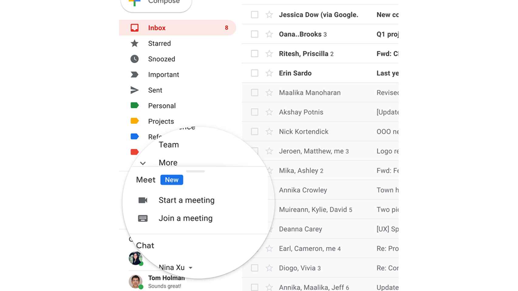 Panel de Meet en Gmail.