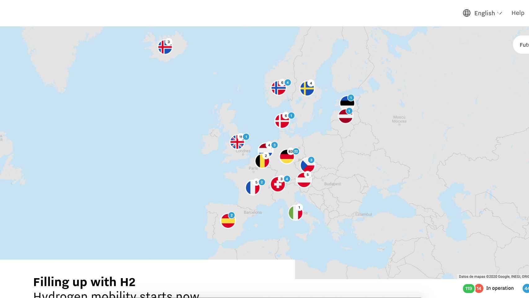 Mapa de las hidrogeneras de Europa.