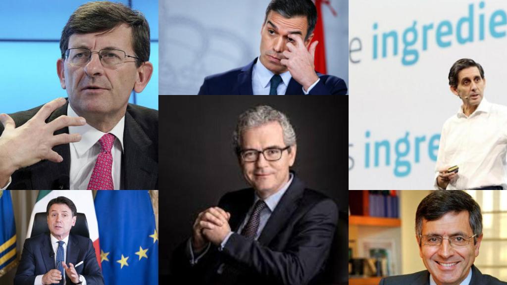 Vittorio Colao, Guiuseppe Conte, Pedro Sánchez, Pablo Isla, José M. Álvarez-Pallete y Francisco Román.