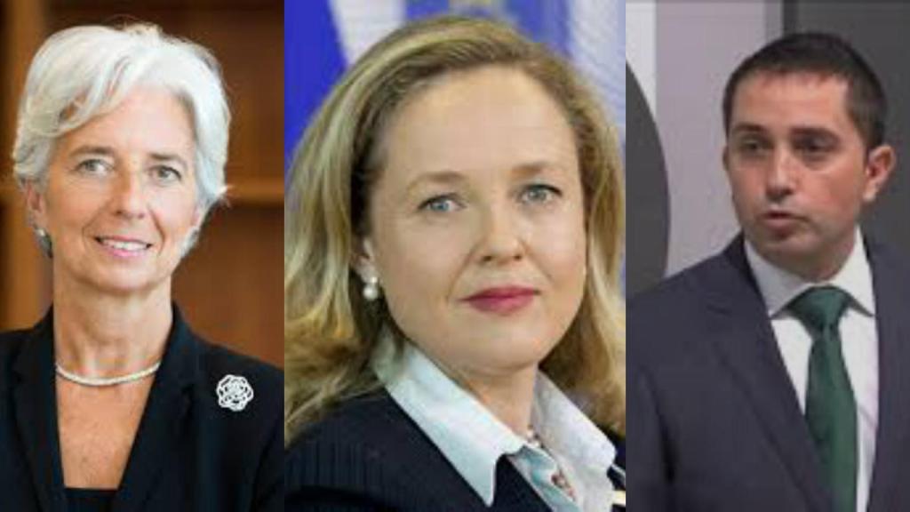 Christine Lagarde, Nadia Calviño y Xabier Sagredo.