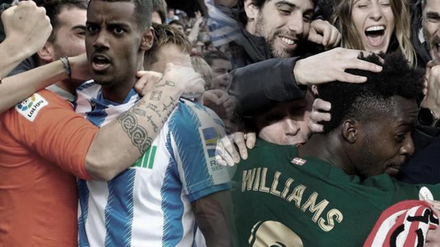 Aleksander Isak e Iñaki Williams celebran un gol con sus respectivas aficiones