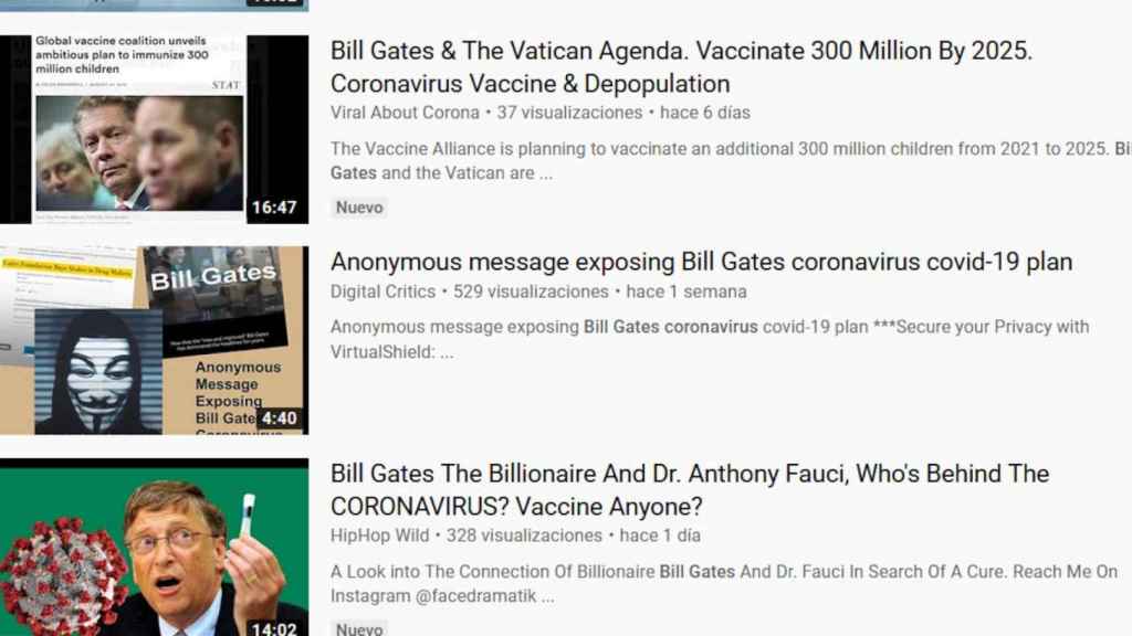 Vídeos de Youtube acusando a Bill Gates de conspirar con el coronavirus