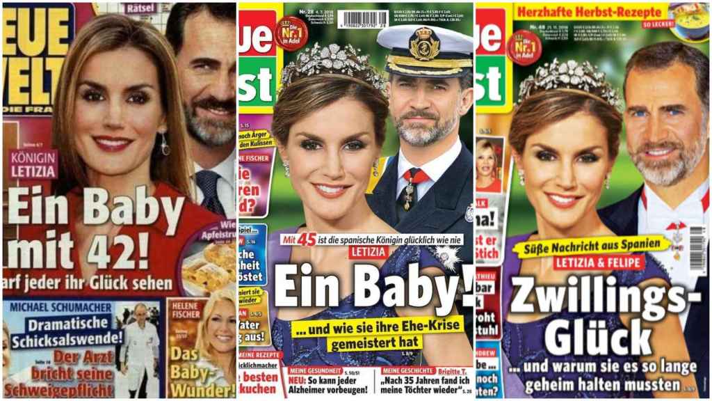 De izquierda a derecha: portada de 'Neue post' afirmando el embarazo de Letizia en 2014, después en junio de 2018 y a continuación, supuesto embarazo de gemelos en noviembre de 2018.