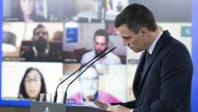 El presidente del Gobierno, Pedro Sánchez, en una rueda de prensa telemática en Moncloa.
