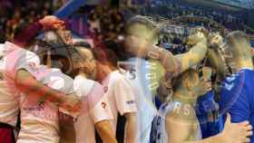 Los jugadores de CBC Valladolid y Guipuzkoa Basket en dos piñas