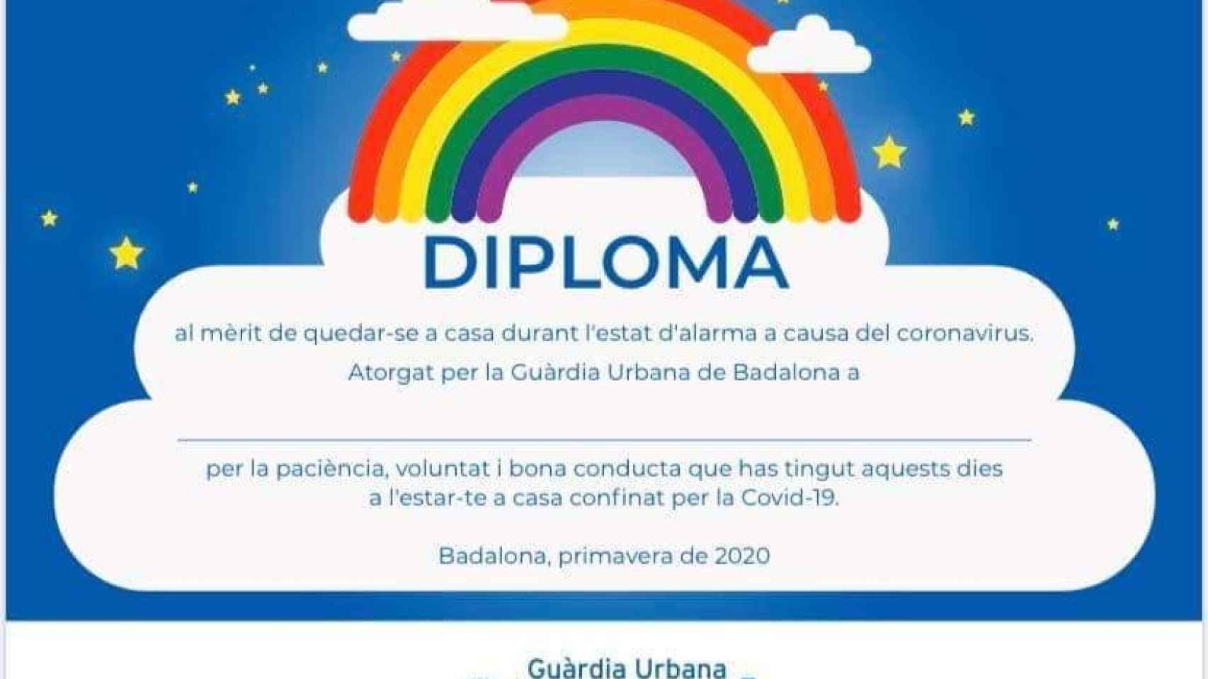 Diploma que entrega la policía de Badalona a los niños que respetan el confinamiento, no como su alcalde