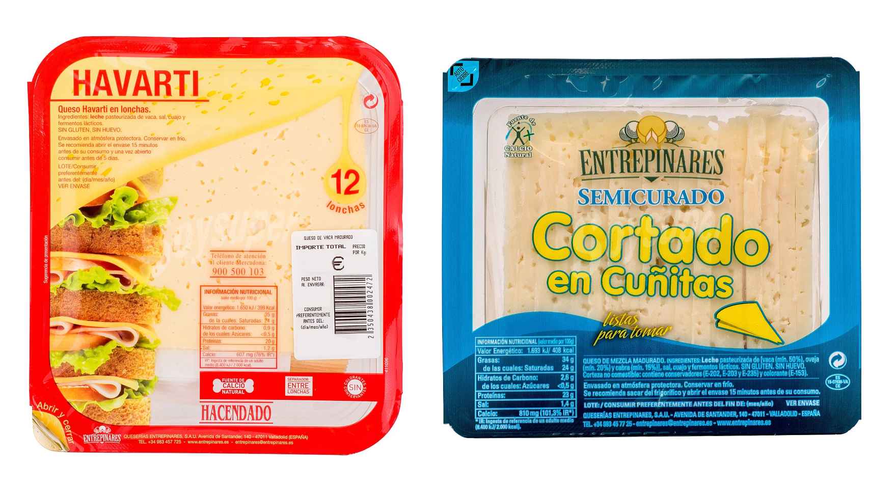 Dos tipos de queso de Hacendado, la marca blanca de Mercadona.
