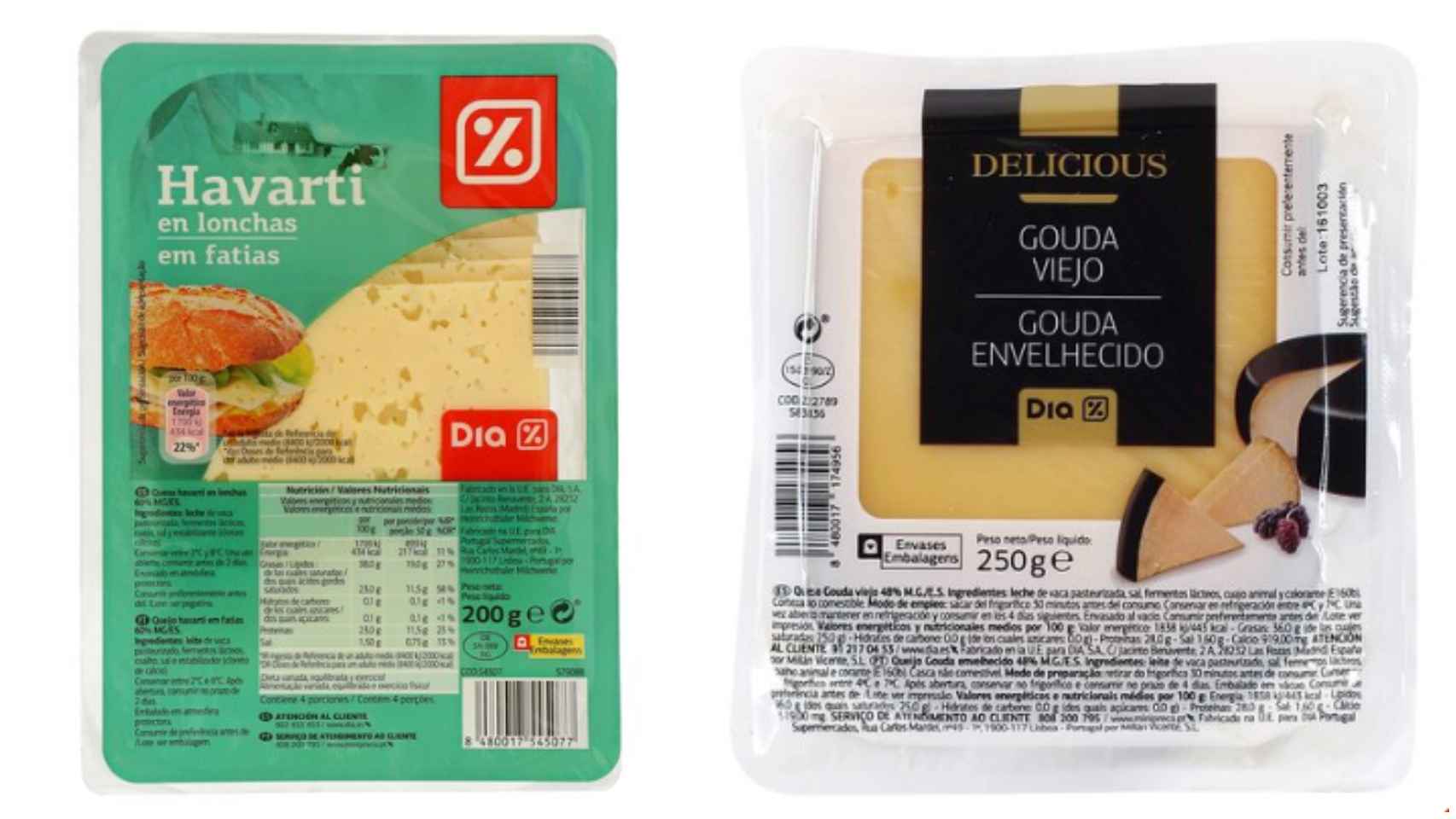 Dos tipos de queso de la marca blanca de Dia.
