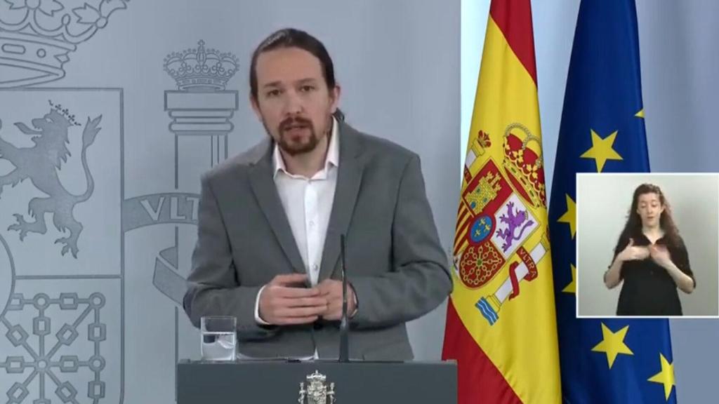 El vicepresidente segundo del Gobierno, Pablo Iglesias, en la rueda de prensa de este jueves.