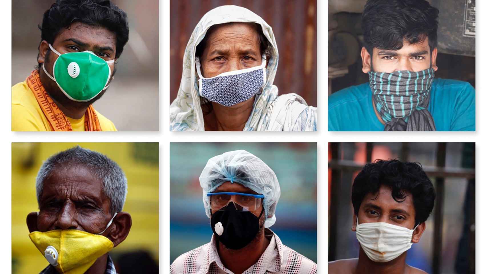Retratos de ciudadanos de Bangladés con mascarillas para prevenir la pandemia