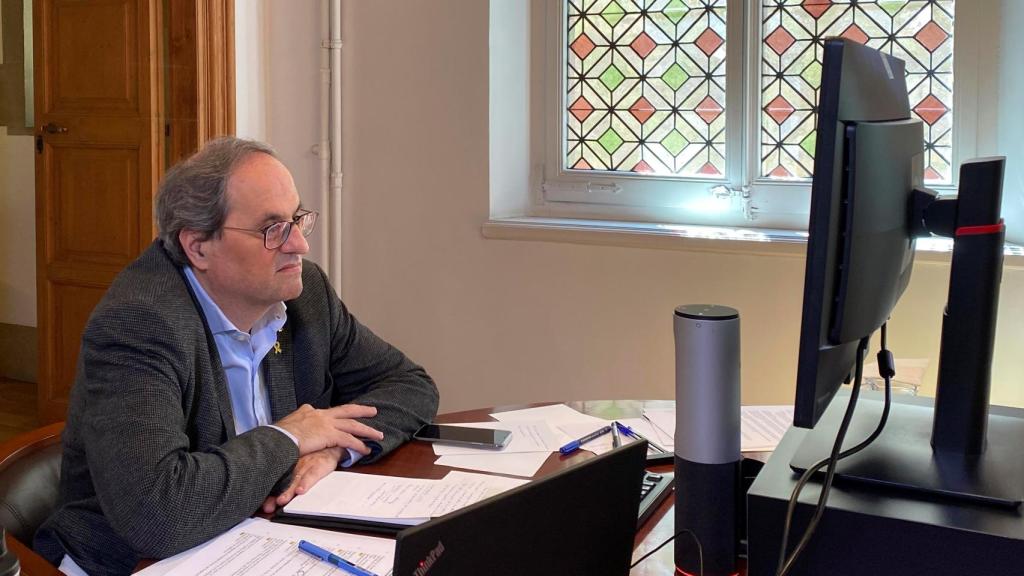 Quim Torra, en la reunión telemática de su Consejo de Gobierno para aprobar el plan de desconfinamiento de Cataluña.