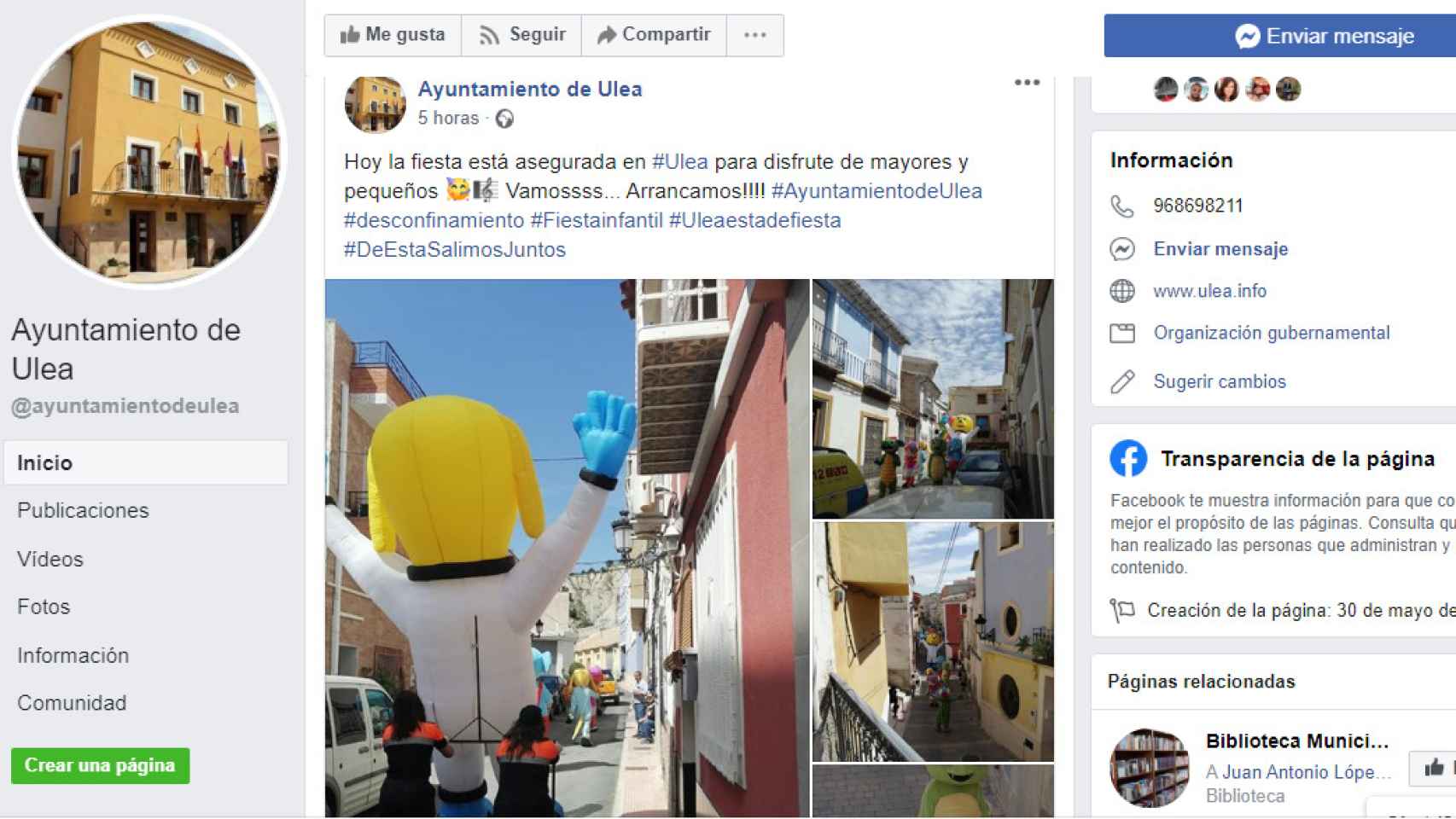 El Ayuntamiento ha promocionado el desfile en su cuenta de Facebbok con los hastags: #Desconfinamiento, #FiestaInfantil o #UleaEstádeFiesta.