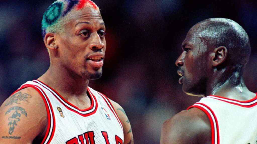 Dennis Rodman y Michael Jordan, en un partido de los Chicago Bulls