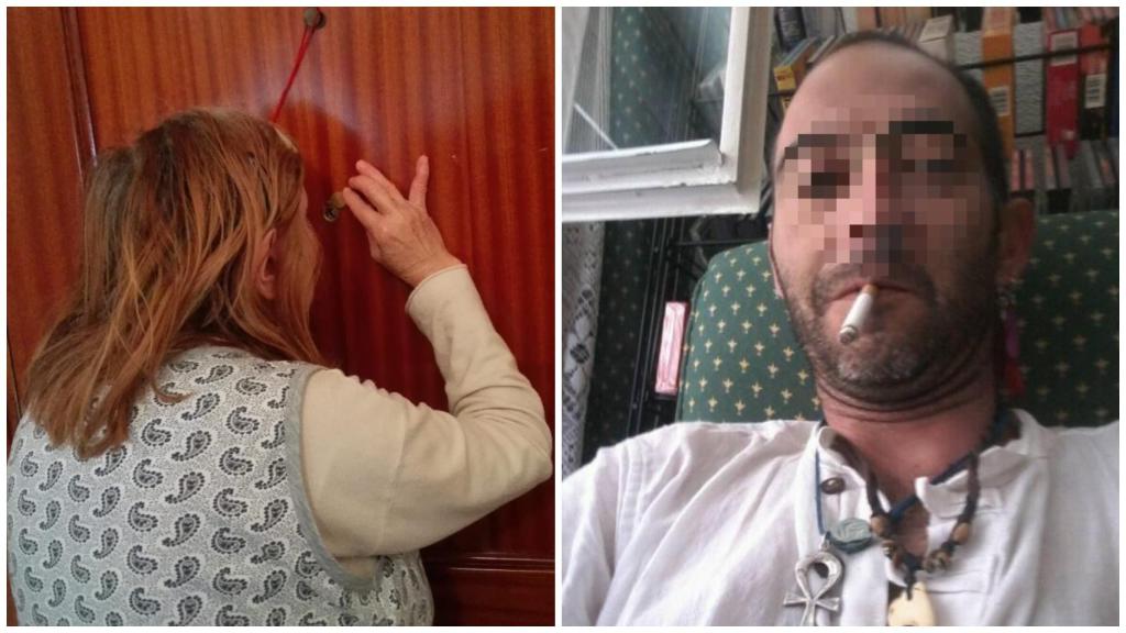 La agredida sexualemente por su vecino, comprobando por la mirilla y Mario, el hombre obsesionado con la egiptóloga.