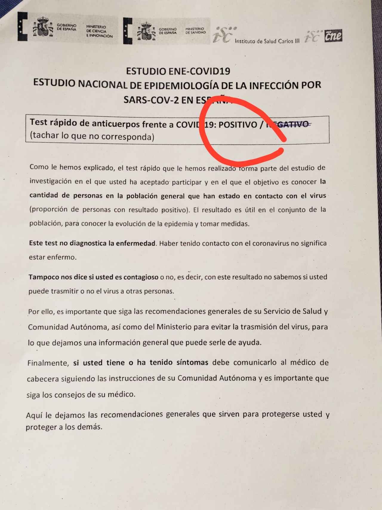 Documento que ha dado el Ministerio de Sanidad y el Instituo Carlos III a Ignacio y su mujer por participar en estudio de seroprevalencia.
