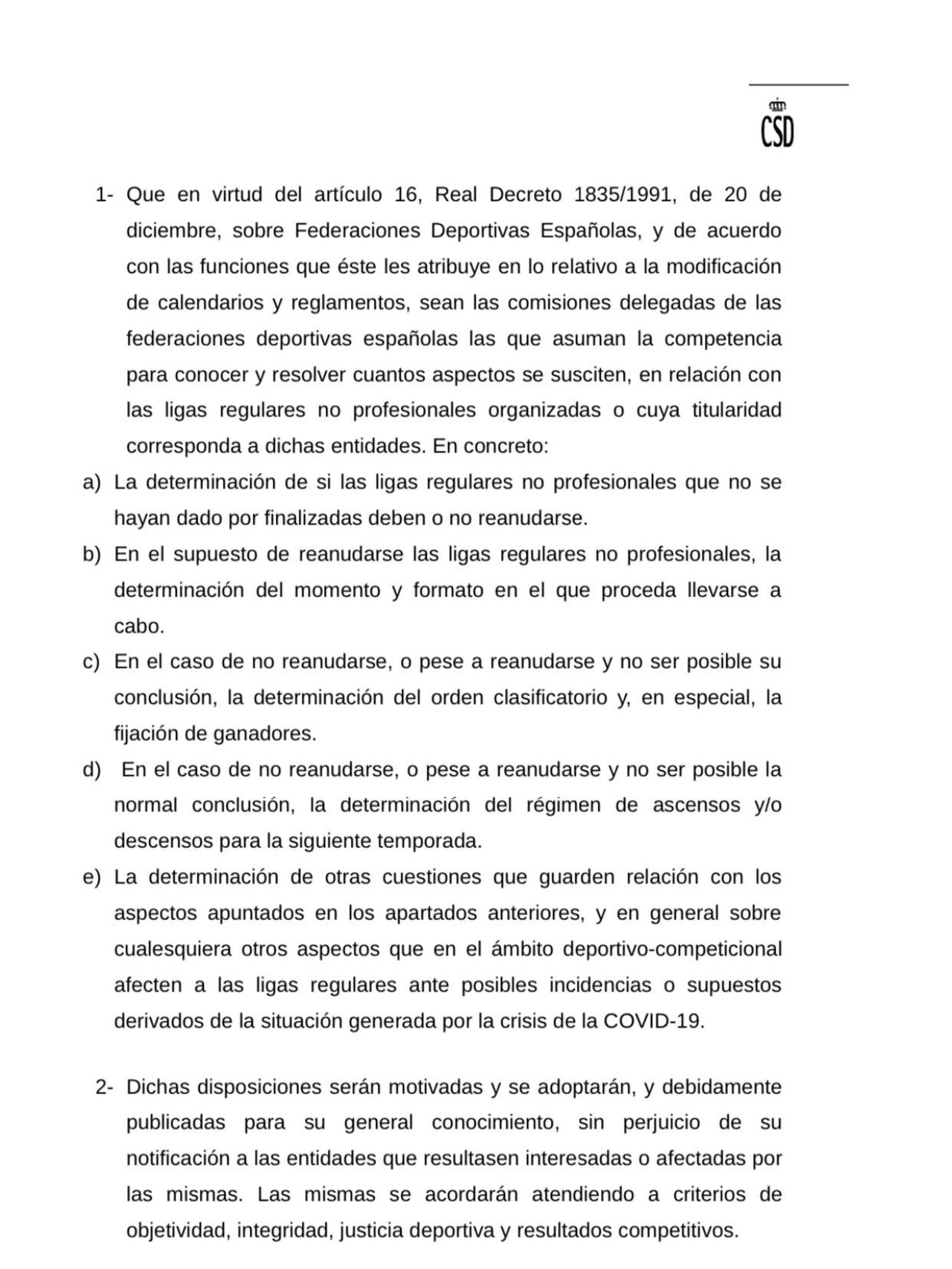 El documento del CSD que condiciona la finalización de la temporada del fútbol no profesional