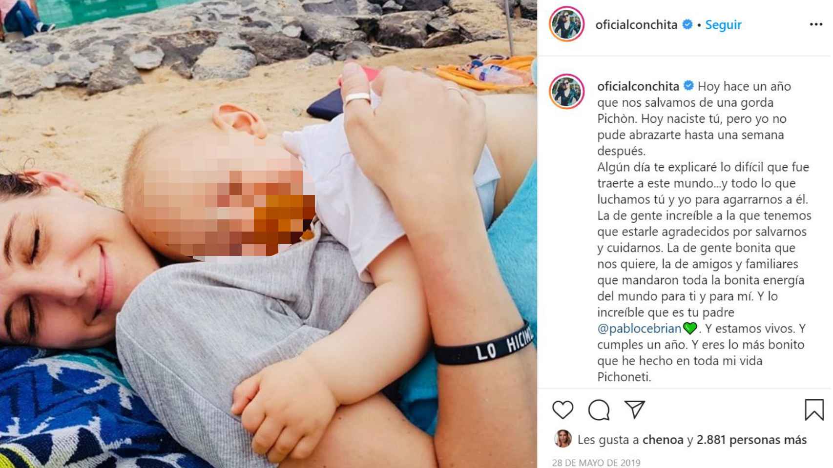Captura del Instagram de Conchita, con la publicación en la que felicita el primer cumpleaños a su hijo.