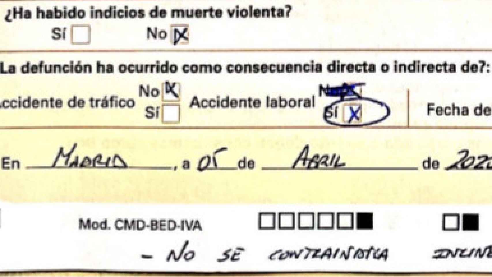 Certificado de defunción de Luis Pérez, donde se establece que murió en un accidente laboral.