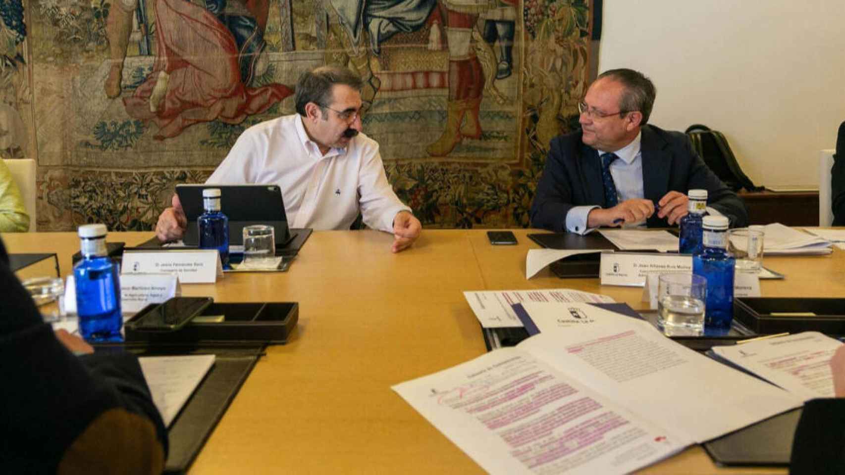 Los consejeros Jesús Fernández Sanz y Juan Alfonso Ruiz Molina, este martes en el Consejo de Gobierno de Castilla-La Mancha