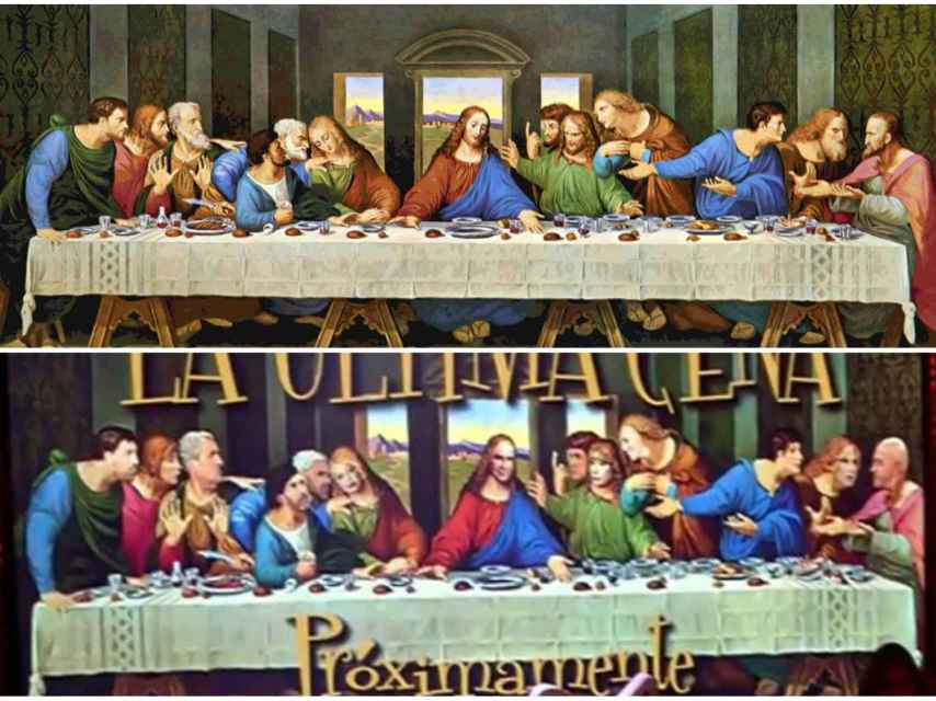 Comparativa del cuadro de Da Vinci (arriba), con el anuncio de Telecinco de 'La última cena' con los rostros de 'Sálvame'.