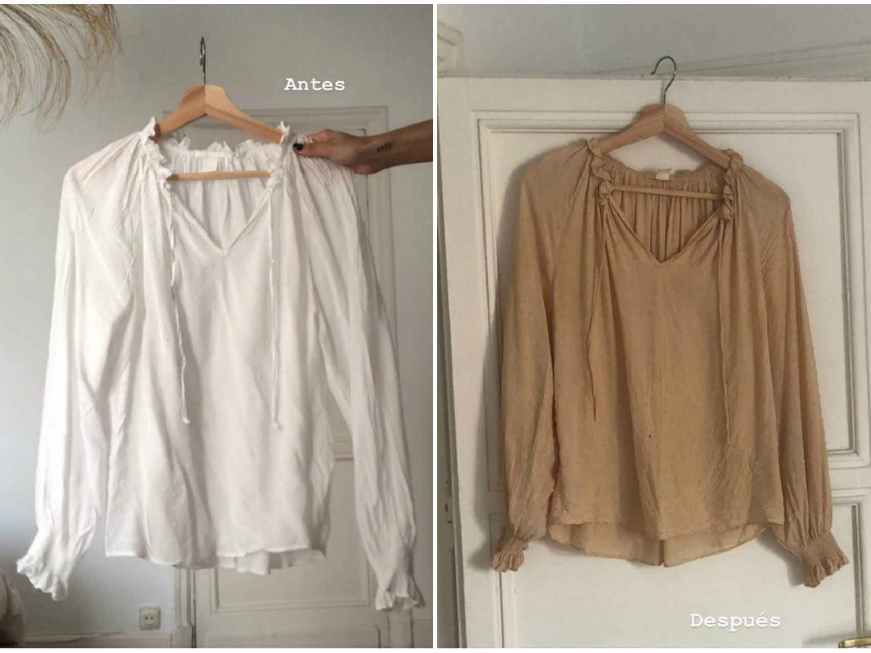 La camisa de Itziar Aguilera, antes y después de teñirla con cebolla.