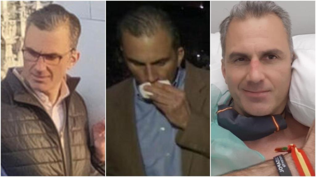 Ortega Smith (de izquierda a derecha) en Milán, en Vistalegre III y en el hospital este martes.