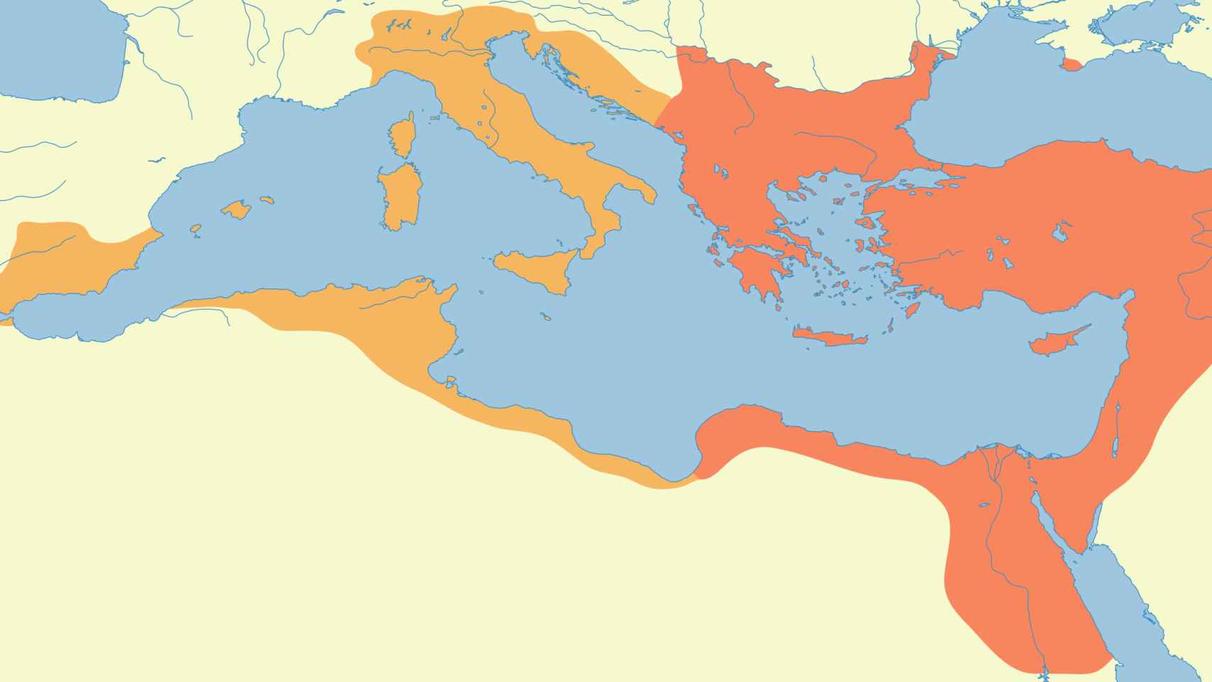 Las fronteras del Imperio bizantino en el año 565 tras las campañas militares de Belisario.