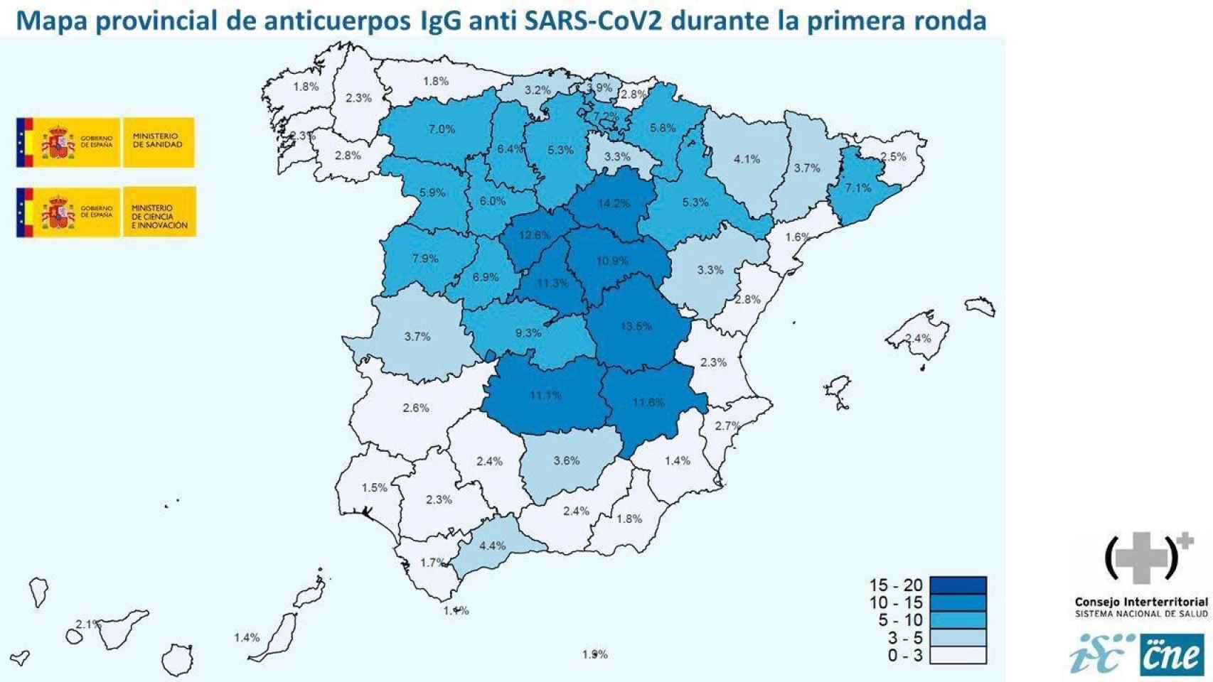 Mapa de prevalencia del coronavirus en España resultante del Estudio Nacional de Seroprevalencia.