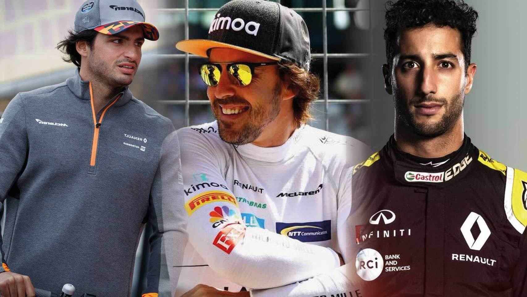 Carlos Sainz, Fernando Alonso y Daniel Ricciardo