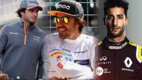 Carlos Sainz, Fernando Alonso y Daniel Ricciardo